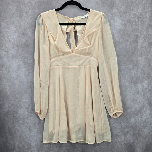 Lush Cream Long Sleeve Flare Ruffle Cutout Tie Cottage Fairy Dress Small - Picture 1 of 8